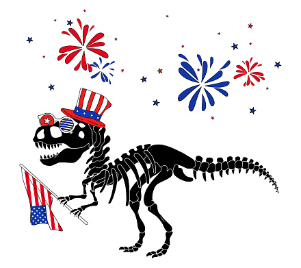Dinosaur Skeleton silhouette USA. 4th of July independence day Dino skull with teeth. Collection of Tyrannosaurus Rex design elements EPS. SVG. File vector illustration
