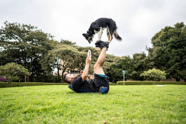 Animal trainer man teaching tricks for dog at public park