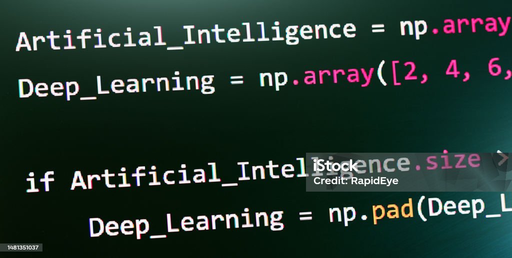 Close-up photo of artificial intelligence programming code displayed on a computer monitor Conditional statement involving Artificial Intelligence and Deep Learning, displayed on the screen of a computer. Close-up macro shot. Software Development Stock Photo