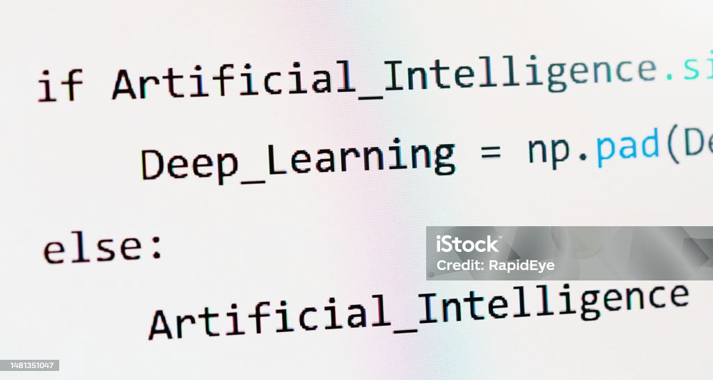 Close-up photo of artificial intelligence programming code displayed on a computer monitor Conditional statement involving Artificial Intelligence and Deep Learning, displayed on the screen of a computer. Close-up macro shot. Artificial Stock Photo