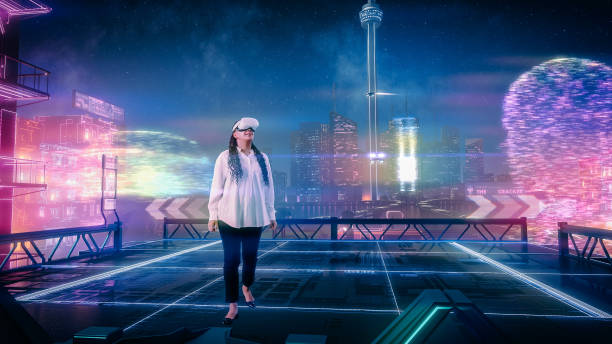 istock Black Woman Wearing Virtual Reality Headset Enters Metaverse. VR Transformation: Immersive 3D Futuristic Sci-fi City with Neon Colors. Conceptual Future Full of Possibilities and Opportunities. 1481351138