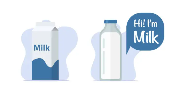 Vector illustration of Milk container carton package icon vector and glass plastic bottle diary beverage graphic illustration modern 3d design clipart, flat cartoon cardboard pack blue white simple image set