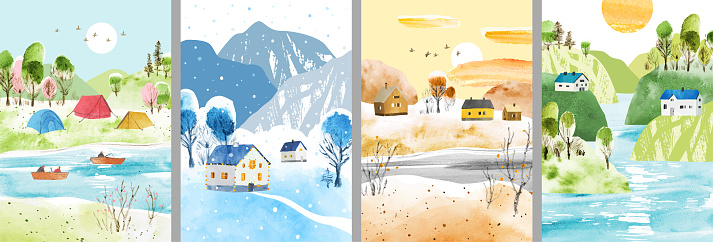 Winter, spring, summer and autumn. Watercolor vector landscapes with tents, trees, houses, river and mountains. Four seasons of nature. Vertical non-urban scenes