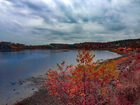 Beautiful outdoors, autumn scene in Lunenburg county, Nova Scotia, featuring lakeshore properties