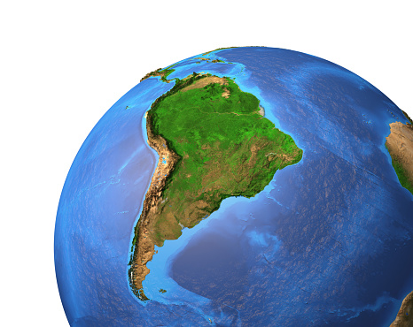 High resolution satellite view of Planet Earth, focused on South America, Brazil and Amazon Rainforest - 3D illustration (Blender Software), elements of this image furnished by NASA (https://eoimages.gsfc.nasa.gov/images/imagerecords/73000/73776/world.topo.bathy.200408.3x5400x2700.jpg)
