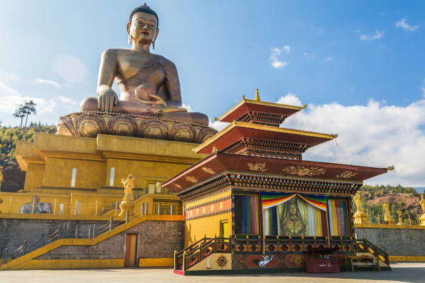 o grande buda dordenma está situado entre as ruínas de kuensel phodrang em thimphu, butão - bhutan - fotografias e filmes do acervo