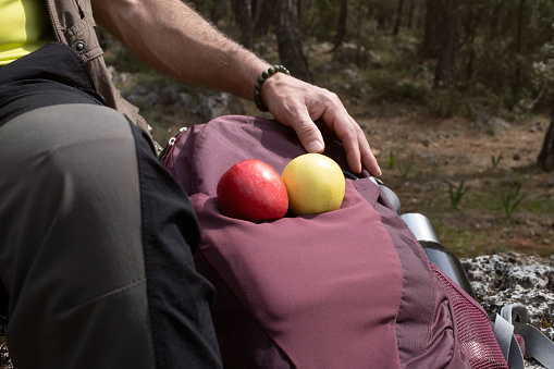 Man walking with a backpack in nature. During the break. There are red and yellow apples on his bag. He is holding the bag with his hand.
