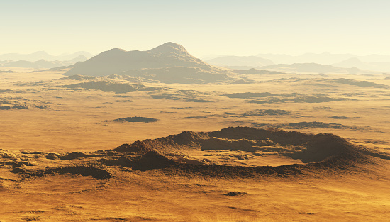 Detailed view of the Martian landscape. Mars dust storm. 3D illustration
