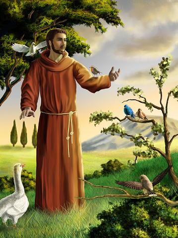 Saint Francis preaching to birds in a beautiful landscape. Digital illustration.