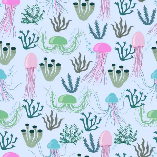 Vector illustration of Seamless pattern of underwater life with cute jellyfishes, corals. Endless texture with ocean plants.
