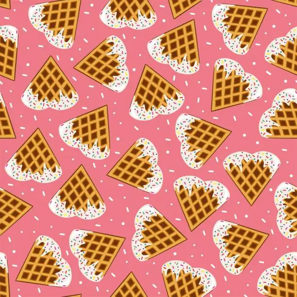 Vector illustration of Valentines day sweet lunch. Seamless pattern. Hearts shape pastry. Love day. Homemade waffles.