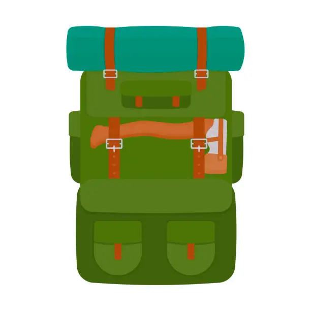 Vector illustration of A traveler's hiking backpack. Tourist backpack for hiking, camping equipment for adventures. Vector illustration in the flat style. Isolated on a white background.
