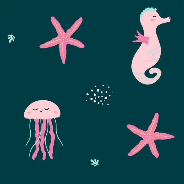 Vector illustration of Cute seamless pattern on a sea theme with jellyfish, starfish, and a seahorse.