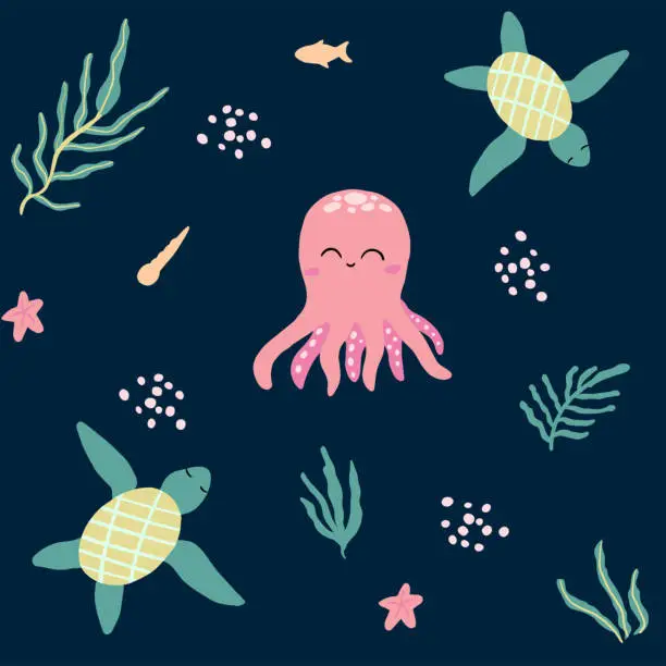 Vector illustration of Cute sea background with an octopus, and turtles.