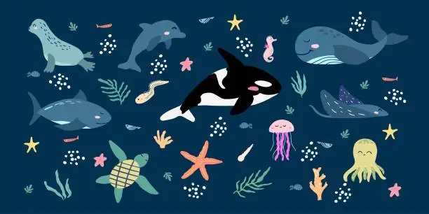Vector illustration of Set of hand drawn sea animals for children. Clipart of cute dolphin, orca, whale, octopus and other ocean creatures in childish style.