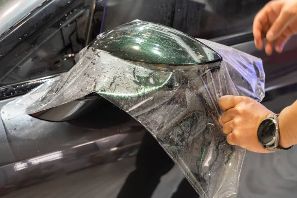 istock Worker install car paint protection film 1481361700