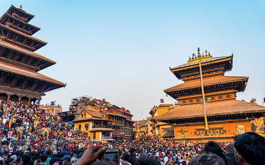 Nepalese devotees pull the wooden Chariot during the celebration of Bisket Jatra Festival in Bhaktapur,  Nepal, on  Monday April 10, 2023