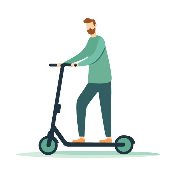 illustrations, cliparts, dessins animés et icônes de illustration vectorielle jeune homme avec barbe sur un scooter électrique. technologie moderne écologie durable de l’environnement de vie - circonscription