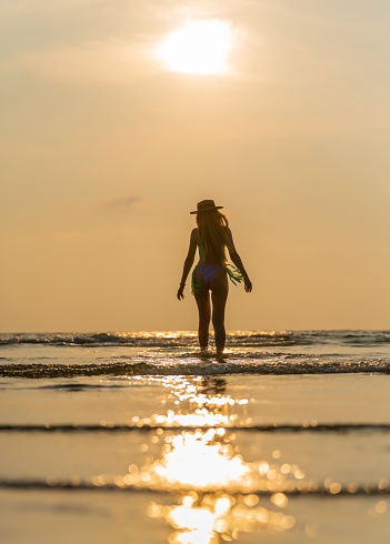 Portrait photo of sexy back view of a beautiful caucasian woman in bikini at the beach looking at the beautiful sunset moment