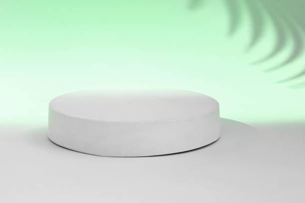 istock Podium for Cosmetics, Soap, Items Presentation. Abstract Minimal Geometric Sphere. Cylinder One Form Soft Shadow. Scene to Show Product, Object. Showcase Display Case. Palm Leaf, Green Color Ad Stand. 1481363704