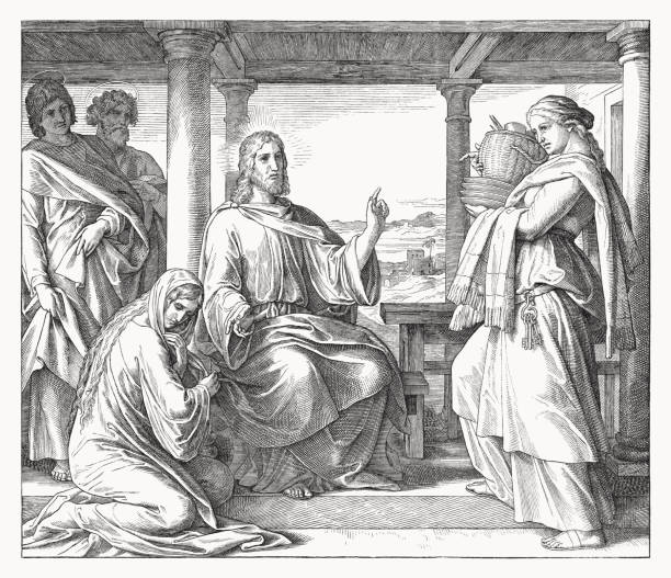 istock Jesus at Martha and Mary (Luke 10, 38-42), woodcut, 1860 1481364583