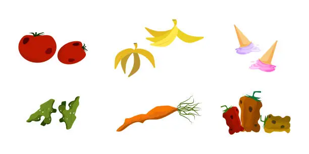Vector illustration of spoiled foods rotten vegetables banana peel ecology