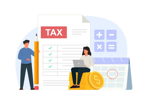 Tax declaration concept. Characters preparing documents for income tax return. Filling financial tax report. Tax declaration concept. Characters preparing documents for income tax return. Filling financial tax report. tax form stock illustrations