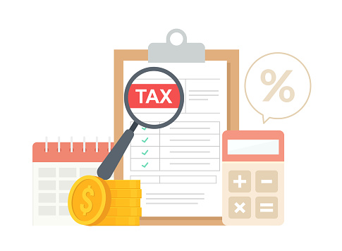 Taxation concept. Calculation of the tax return. Paperwork. Tax payment date. Flat vector illustration.