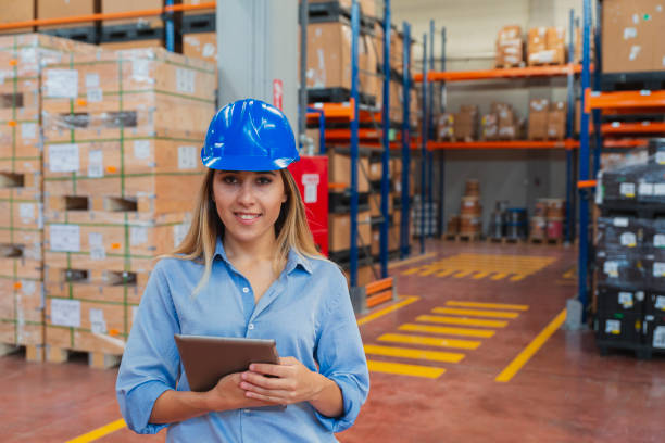 istock Portrait of warehouse manager woman using tablet 1481367250