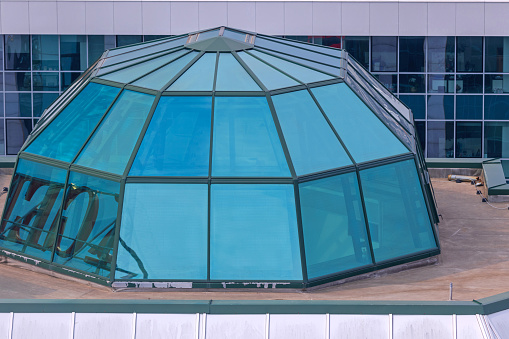 Blue Glass Dome at Roof Top Skylight Window Building