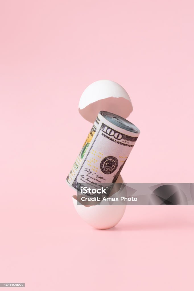 Hatched egg and money in egg shell. Saving money and investment concept. Currency Stock Photo