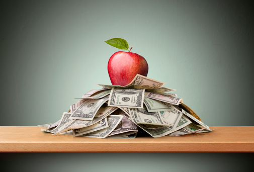 Apple standing on a stack of US dollars on the shelf.