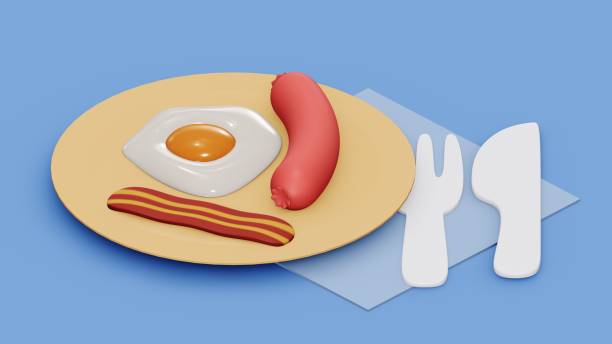 istock breakfast cartoon 3d render. 3D illustration of breakfast with scrambled eggs, bacon, sausage,  in plate and fork and knife. on a light blue table 3D rendering of a cartoon breakfast. 1481368618