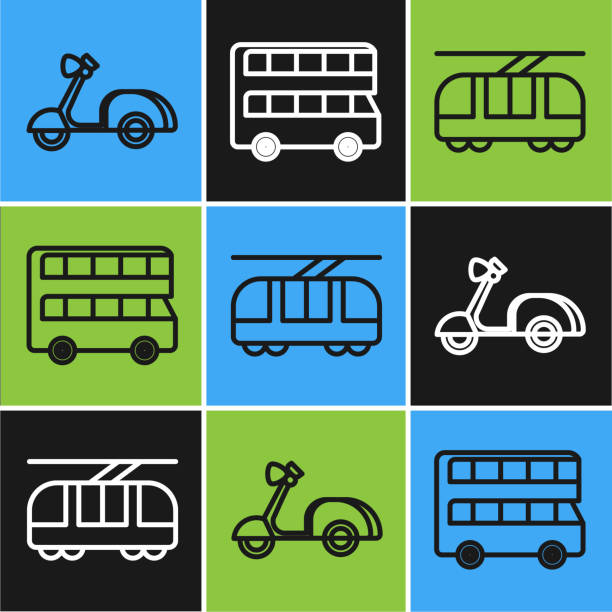 illustrations, cliparts, dessins animés et icônes de définir la ligne scooter, tram et chemin de fer et icône de bus à impériale. vecteur - bus speed transportation public utility