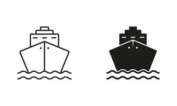 Vector illustration of Cruise Ship Line and Silhouette Black Icon Set. Ocean Vessel Pictogram. Cargo Boat, Freight Marine Outline and Solid Symbol Collection on White Background. Isolated Vector Illustration