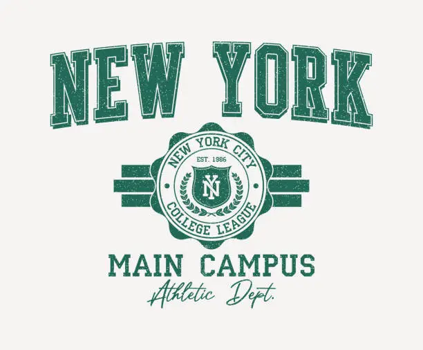 Vector illustration of New York city college style print for t-shirt with shield and wreath. Typography graphics for New York college or university tee shirt design. Vintage sport apparel print with grunge.