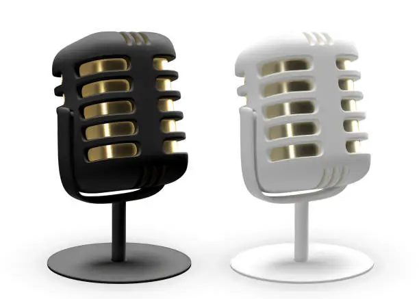 Vector illustration of Set of retro microphones. 3d vector render of concert equipment