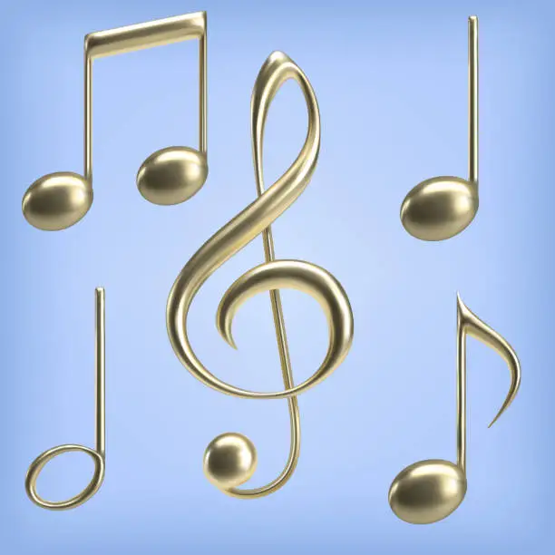 Vector illustration of 3d golden notes and treble clef. Vector illustration