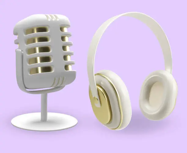 Vector illustration of Vector set of microphone and headphones. 3d audio equipment. Render illustration