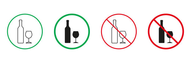istock Drink Alcohol Zone Red and Green Warning Signs. Wine Bottle and Glass Line and Silhouette Icons Set. Allowed and Prohibited Area for Drink Alcohol Pictogram. Isolated Vector Illustration 1481370311