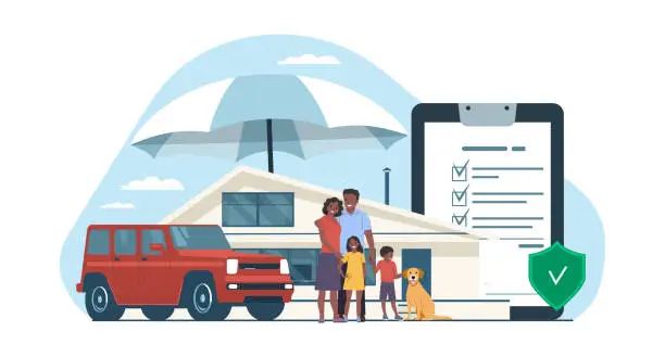 Vector illustration of The concept of property insurance. Black people family with children, car and house under an umbrella