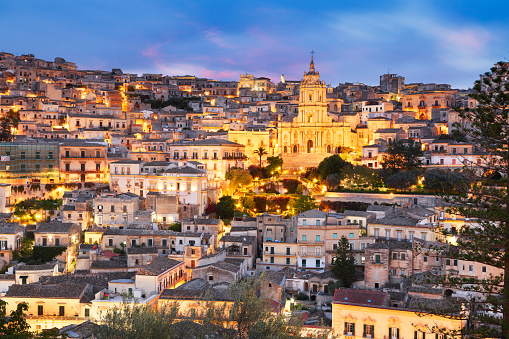 Modica, Sicily, Italy with the Cathedral of San Giorgio at twilight.