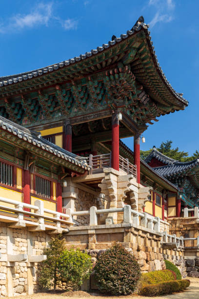 Terrace in Bulguska Temple, Gyeongju city, South Korea. UNESCO World Heritage site. Portrait view. stock photo