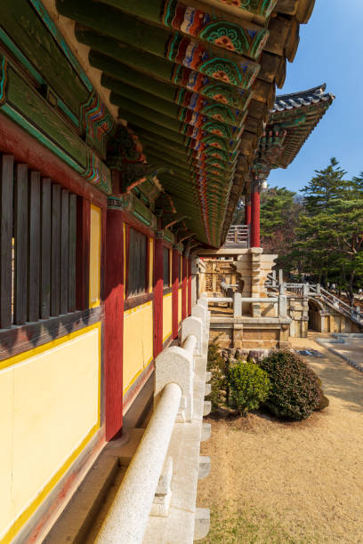 Perspective of Bulguksa Temple with The Cheongungyo and Baegungyo Bridges in background, Gyeongju city, South Korea. UNESCO World Heritage site. Portrait view. stock photo