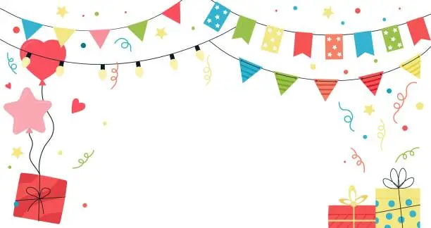 Vector illustration of Party garlands banner, kids carnaval welcome poster. Fiesta festive flags bunting, confetti and gift on balloons. Decent anniversary, birthday vector background