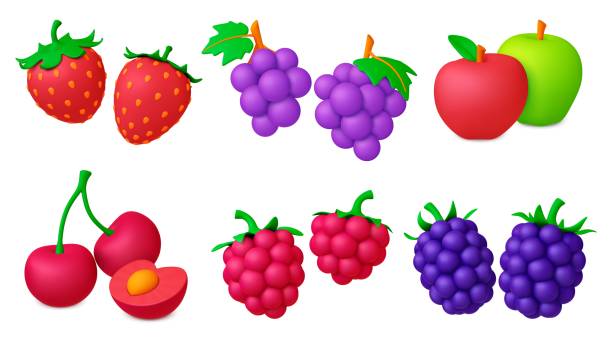 Berries fruits isolated 3d icons. Cherry and strawberry, raspberry and grapes. Realistic berry, decorative graphic juicy food. Vegan pithy vector elements vector art illustration