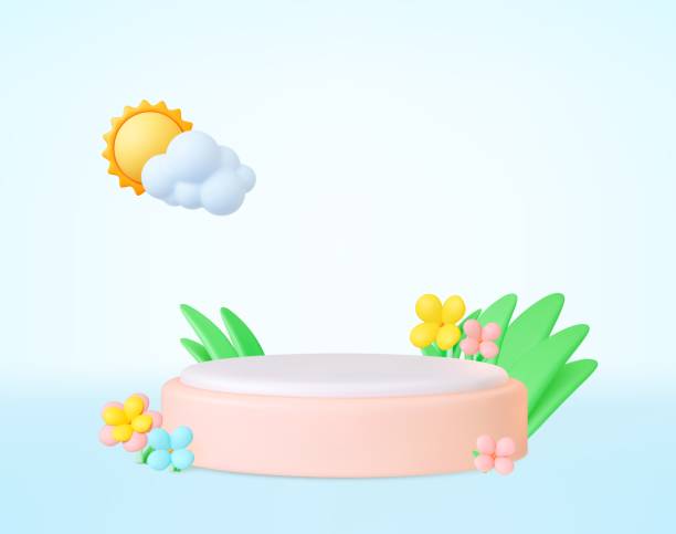 istock Empty 3d exhibition stand with cloud and sun and blooming flowers with grass. Decorative blank stand, render elements graphic vector banner 1481376206