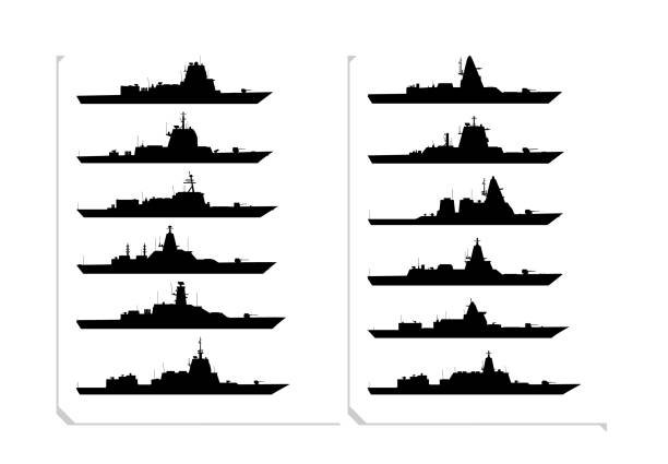 illustrazioni stock, clip art, cartoni animati e icone di tendenza di set di siluetta della nave da guerra. collezione di navi militari. navi militari dalla vista laterale. - fregata