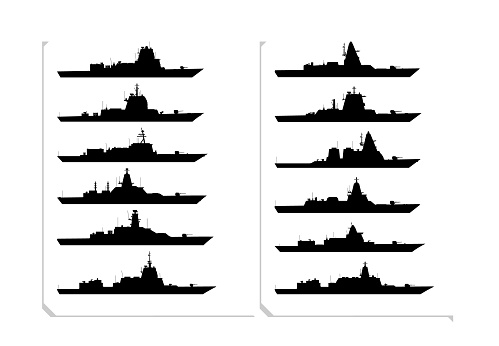 Warship black silhouette set is isolated on a white background. Black shape of the naval ships from the side view.