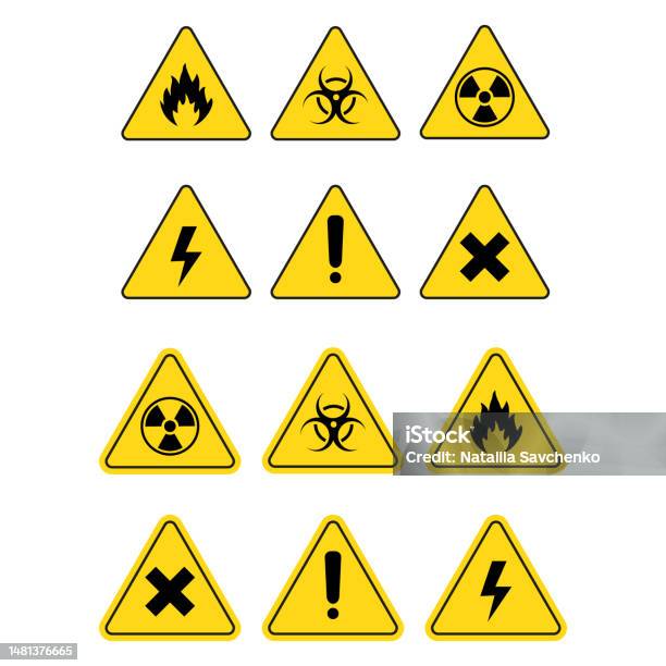 Warning And Hazard Symbols On Yellow Triangles Vector Collection Safety
